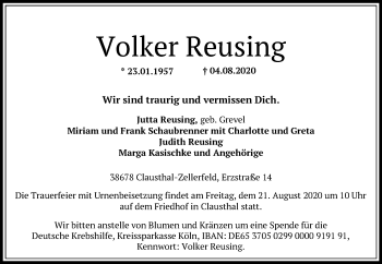 Todesanzeige von Volker Reusing von OF