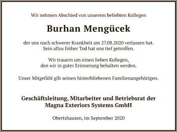 Todesanzeige von Burhan Mengücek von OF