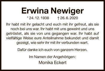 Todesanzeige von Erwina Newiger von OF