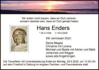 Todesanzeige von Hans Enders von OF
