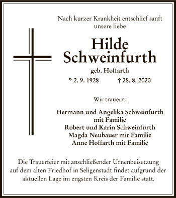 Todesanzeige von Hilde Schweinfurth von OF
