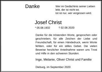 Todesanzeige von Josef Christ von OF