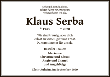 Todesanzeige von Klaus Serba von OF