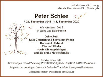 Todesanzeige von Peter Schlee von OF