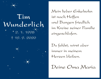 Todesanzeige von Tim Wunderlich von OF