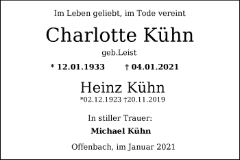 Todesanzeige von Charlotte und Heinz Kühn von OF