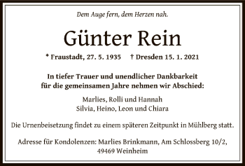 Todesanzeige von Günter Rein von OF