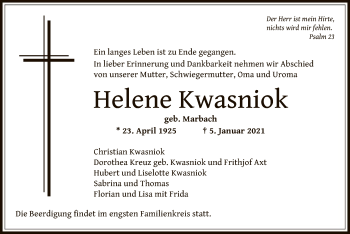 Todesanzeige von Helene Kwasniok von OF