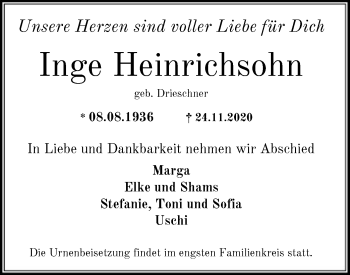 Todesanzeige von Inge Heinrichsohn von OF