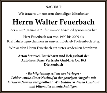 Todesanzeige von Walter Feuerbach von OF