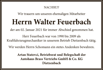 Todesanzeige von Walter Feuerbach von OF
