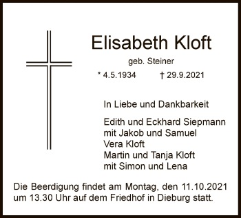 Todesanzeige von Elisabeth Kloft von OF