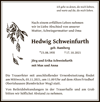 Todesanzeige von Hedwig Schweinfurth von OF