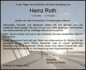 Todesanzeige von Heinz Roth von OF