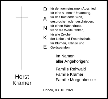 Todesanzeige von Horst Kramer von OF