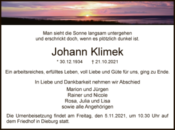 Todesanzeige von Johann Klimek von OF