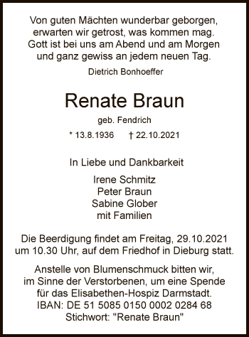 Todesanzeige von Renate Braun von OF