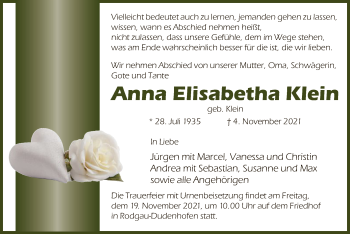 Todesanzeige von Anna Elisabetha Klein von OF