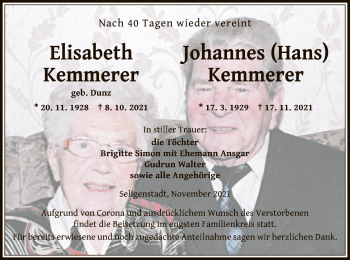Todesanzeige von Elisabeth und Johannes Kemmerer von OF