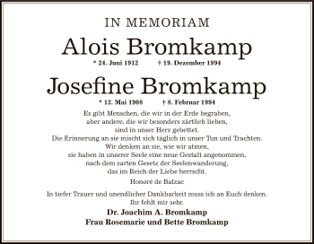 Todesanzeige von Alois und Josefine Bromkamp von OF