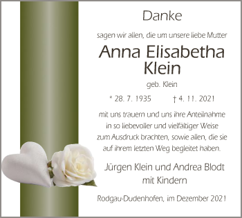 Todesanzeige von Anna Elisabetha Klein von OF