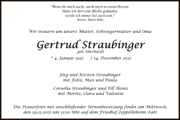 Todesanzeige von Gertrud Straubinger von OF