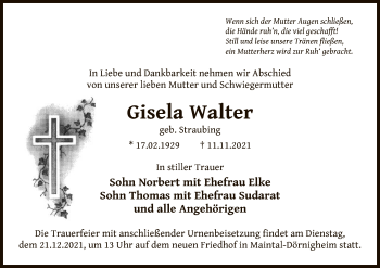 Todesanzeige von Gisela Walter von OF