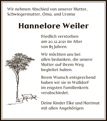 Todesanzeige von Hannelore Weiler von OF