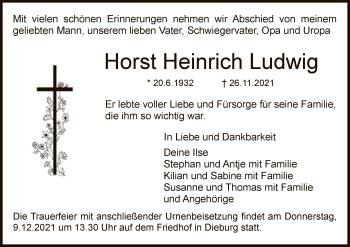Todesanzeige von Horst Heinrich Ludwig von OF