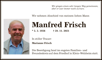 Todesanzeige von Manfred Frisch von OF