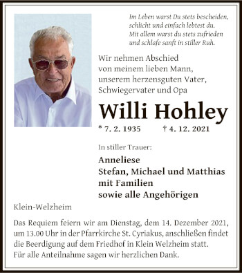 Todesanzeige von Willi Hohley von OF
