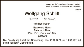 Todesanzeige von Wolfgang Schlitt von OF