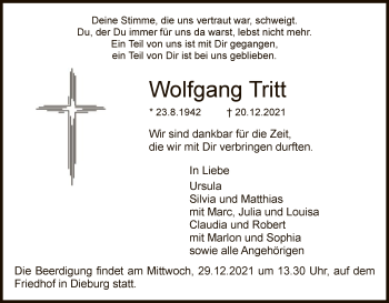 Todesanzeige von Wolfgang Tritt von OF
