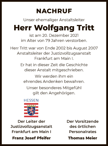 Todesanzeige von Wolfgang Tritt von OF