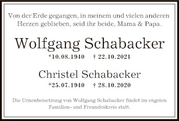 Todesanzeige von Wolfgang und Christel Schabacker von OF