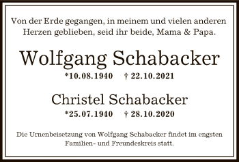 Todesanzeige von Wolfgang und Christel Schabacker von OF