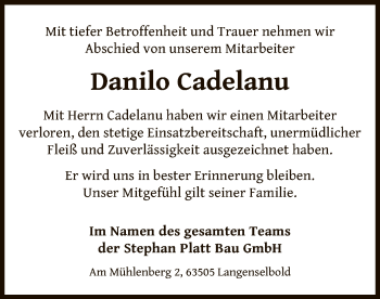 Todesanzeige von Danilo Cadelanu von OF