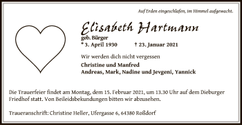 Todesanzeige von Elisabeth Hartmann von OF