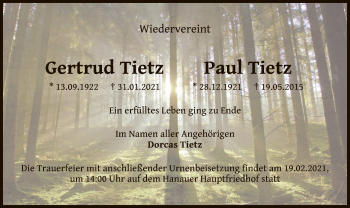 Todesanzeige von Gertrud und Paul Tietz von OF