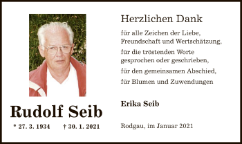 Todesanzeige von Rudolf Seib von OF