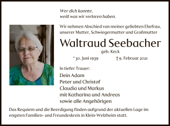 Todesanzeige von Waltraud Seebacher von OF