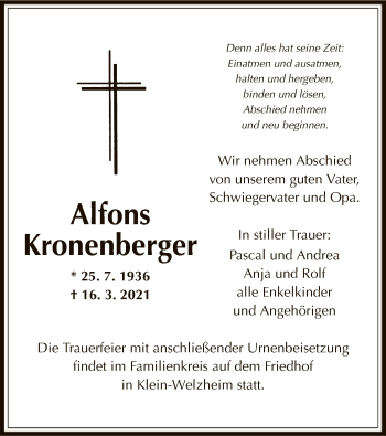 Todesanzeige von Alfons Kronenberger von OF