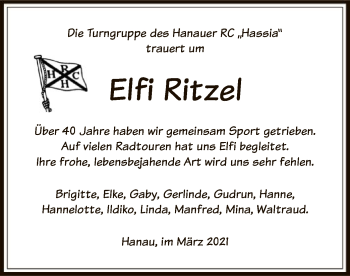 Todesanzeige von Ellfi Ritzel von OF
