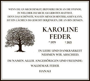 Todesanzeige von Karoline Feder von OF