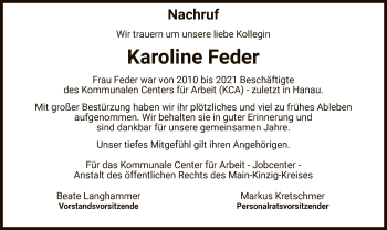 Todesanzeige von Karoline Feder von OF