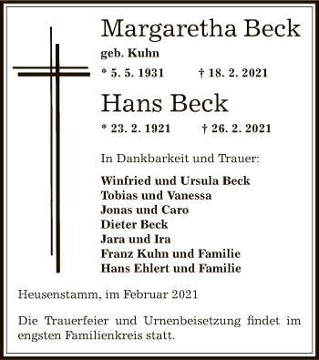 Todesanzeige von Margaretha und Hans Beck von OF