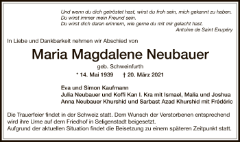 Todesanzeige von Maria Magdalene Neubauer von OF