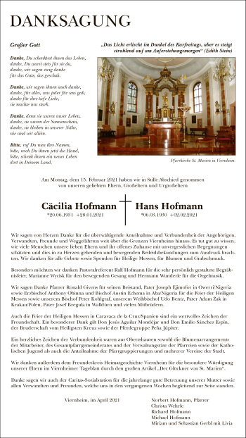 Todesanzeige von Cäcilia Hofmann von OF