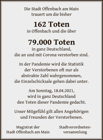 Todesanzeige von Stadt Offenbach am Main trauert um von OF
