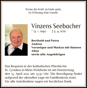 Todesanzeige von Vinzens Seebacher von OF